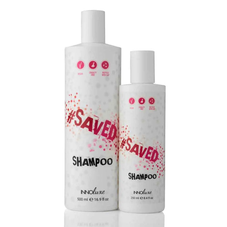 Showcasing INNOluxe #SAVED Shampoo in 250ml and 500ml sizes. Sulfate-free formula gently cleanses, protects color, and enhances shine for soft, vibrant hair. Available at The DO Salon in St Kilda, Melbourne.