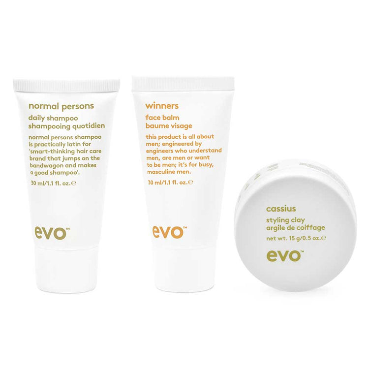 Gift hair and face essentials this Christmas with EVO Bon Bon - Style. Includes Normal Persons Shampoo, Winners Face Balm, and Cassius Styling Clay. Available at The DO Salon in St Kilda, Melbourne. Shop now! Products