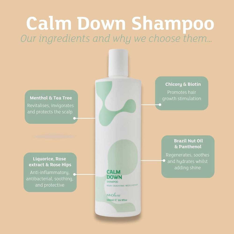 Shop INNOluxe Calm Down Shampoo at The DO Salon. Calm and cleanse your sensitive, flaky scalp. Perfect for dry, itchy scalps, with soothing menthol and nourishing biotin. Buy now! ingredients