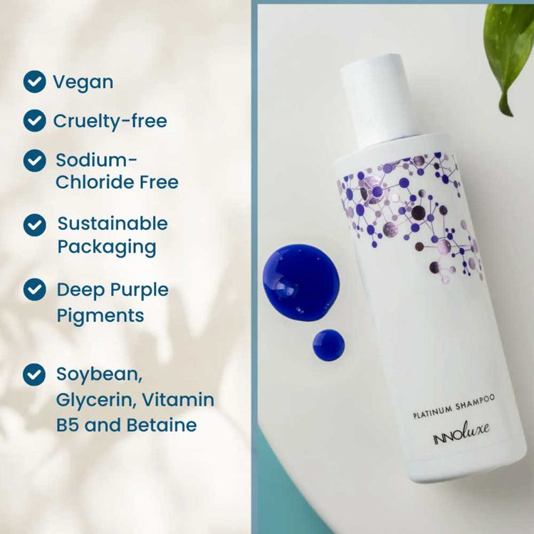 Keep blonde hair brass-free with INNOluxe Platinum Shampoo. Cleanses neutralizes yellow tones and enhances shine. Perfect for maintaining blonde, silver, or grey hues. Available at The DO Salon in St Kilda, Melbourne! benefits