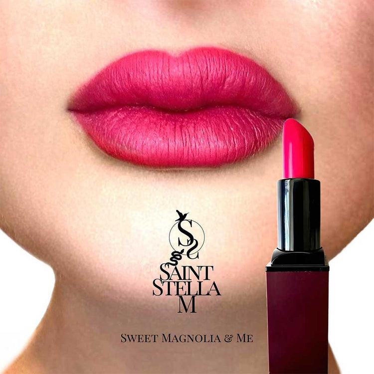 Shop Saint Stella M Sweet Magnolia & Me Lipstick, a vibrant pink-red with a creamy, long-wear formula. It is part of The Six Faces Of Empowerment collection and is available online now at The DO Salon. Lips and colour