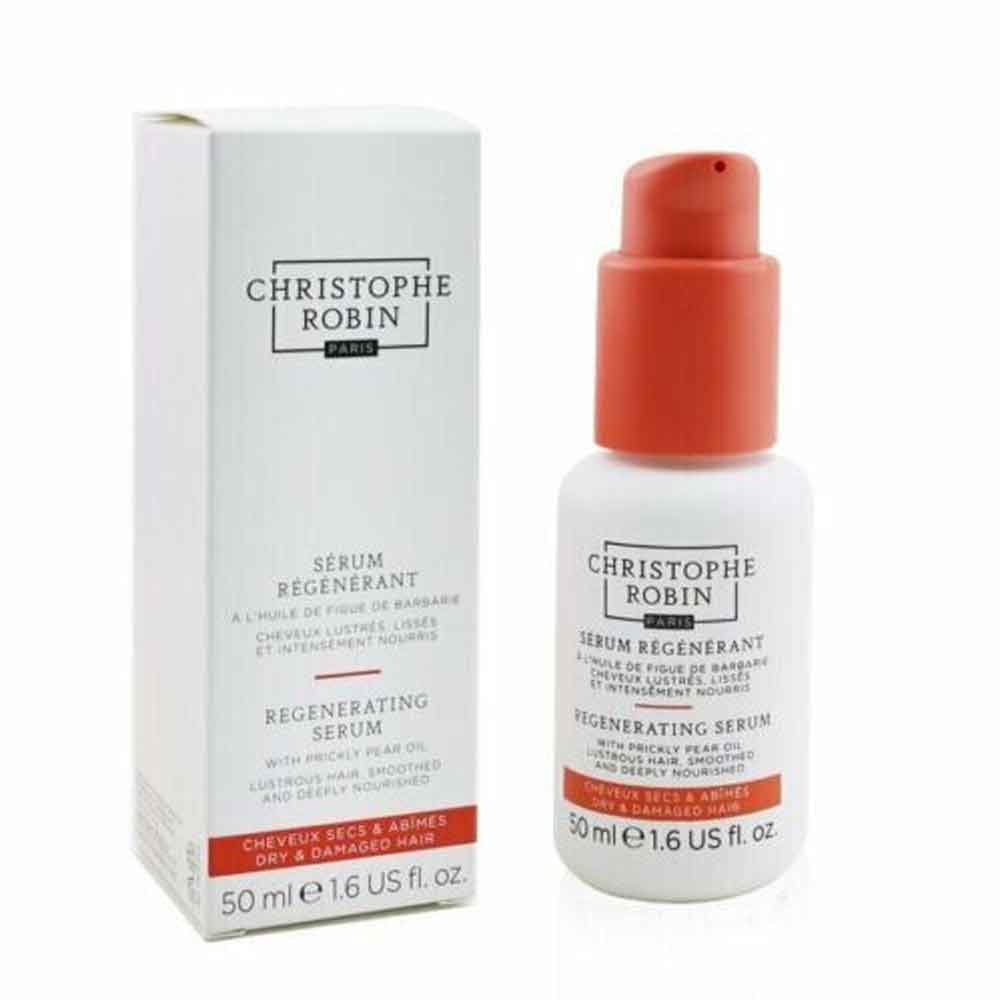 Christophe Robin's regenerating serum: A luxurious, silicone-free regenerating elixir made with 94% natural-origin ingredients. Prickly pear seed oil strengthens while Tucuma butter nourishes and enhances shine. Protects hair from heat up to 230°C while reducing split ends and frizz. Available at The DO Salon St Kilda box