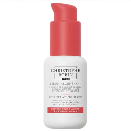 Christophe Robin's regenerating serum: A luxurious, silicone-free regenerating elixir made with 94% natural-origin ingredients. Prickly pear seed oil strengthens while Tucuma butter nourishes and enhances shine. Protects hair from heat up to 230°C while reducing split ends and frizz. Available at The DO Salon St Kilda