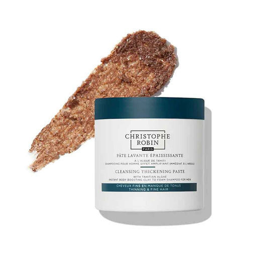 Christophe Robin's cleansing thickening paste, available at The DO Salon. Shampoo paste gently removes impurities from the scalp while adding volume to thinning or fine hair. Infused with pure rhassoul & Tahitian algae, supports hair against breakage, leaving it looking thicker, healthier, and fuller. Perfect for men.2