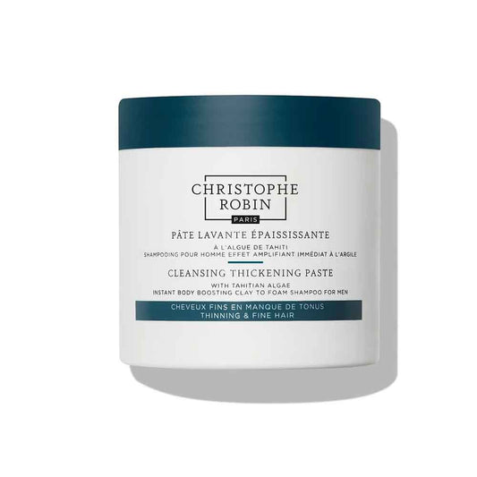 Christophe Robin's cleansing thickening paste, available at The DO Salon. Shampoo paste gently removes impurities from the scalp while adding volume to thinning or fine hair. Infused with pure rhassoul & Tahitian algae, supports hair against breakage, leaving it looking thicker, healthier, and fuller. Perfect for men.