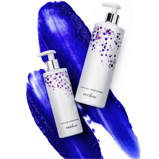 Shop INNOluxe Platinum Conditioner at The DO Salon in St Kilda, Melbourne. This lightweight violet conditioner neutralizes brassy tones, hydrates, and adds shine for cooler blonde results. Perfect for natural and coloured blonde hair. Buy now for silky, frizz-free hair! Buy today online or in-salon. 3
