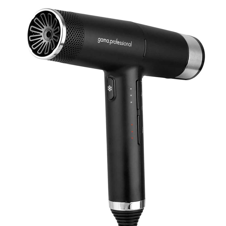 Experience the award-winning GA.MA IQ2 Perfetto Hair Dryer Black at The DO Salon. Lightest in its class, with a 120,000 RPM motor, Turbo Boost, and advanced features. Perfect for salon-quality hair styling at home. Winner of the Cosmoprof Award 2022. Buy now! front view