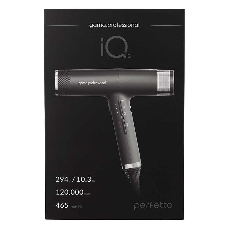 Experience the award-winning GA.MA IQ2 Perfetto Hair Dryer Black at The DO Salon. Lightest in its class, with a 120,000 RPM motor, Turbo Boost, and advanced features. Perfect for salon-quality hair styling at home. Winner of the Cosmoprof Award 2022. Buy now! box