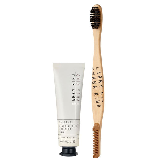 The ultimate solution for taming flyaways & baby hairs is the Larry King Flyaway with Me Kit. On-the-go kit includes a bamboo brush & travel-sized A Social Life For Your Hair, perfect for touch-ups anytime, anywhere. Goodbye unruly strands, hello sleek, polished hair with Larry King Haircare at The DO Salon, buy now! 