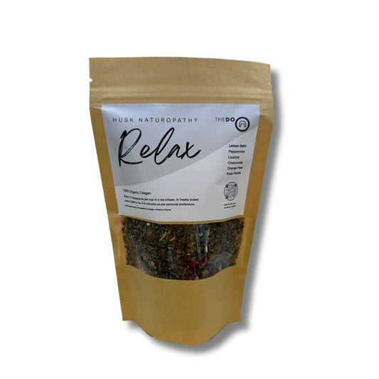 Relax and rejuvenate with Husk Naturopathy's soothing Relax Tea, expertly crafted for The DO Salon. With a blend of botanicals to calm your mind and body. Unwind and embrace tranquillity with each sip. Enjoy this herbal infusion that soothes the soul - The DO Salon, yours in hair health and well-being.