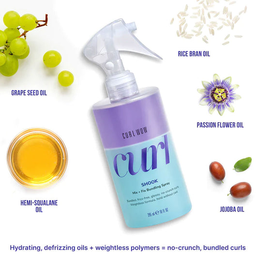 ColorWOW's Curl Shook Mix & Fix Bundling Spray, is your curly hair's best friend. Defines curls, adds volume, & fights frizz - keeping your hair feeling weightless and natural. Perfect for all curl types - loose waves to tight coils. Get yours today at The DO Salon, St Kilda Melbourne - Curly Hair Specialists (ingredients)