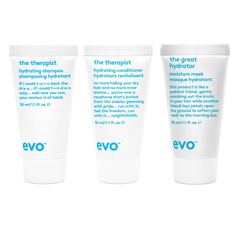 Gift hydrated hair this Christmas with EVO Bon Bon - Hydrate. Includes The Therapist Shampoo, Conditioner, and The Great Hydrator Mask. Perfect for dry hair. Available at The DO Salon in St Kilda, Melbourne. Shop now! products