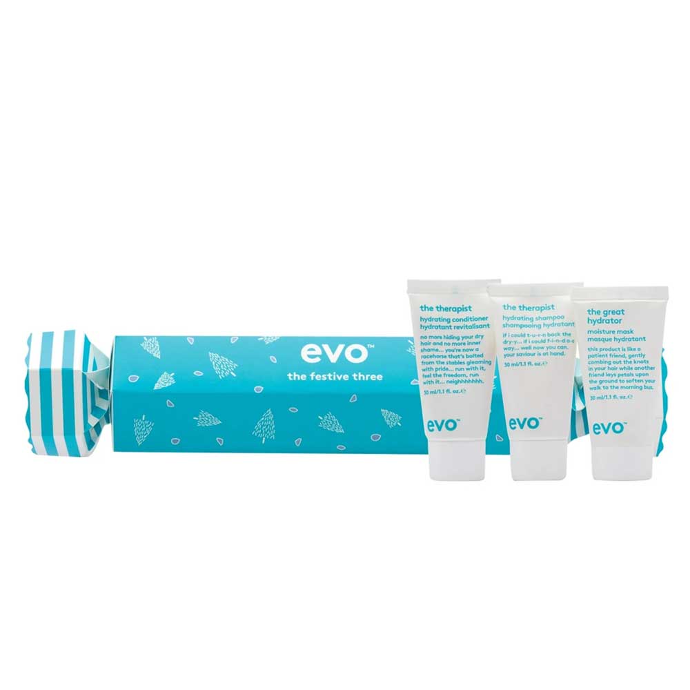 Gift hydrated hair this Christmas with EVO Bon Bon - Hydrate. Includes The Therapist Shampoo, Conditioner, and The Great Hydrator Mask. Perfect for dry hair. Available at The DO Salon in St Kilda, Melbourne. Shop now!