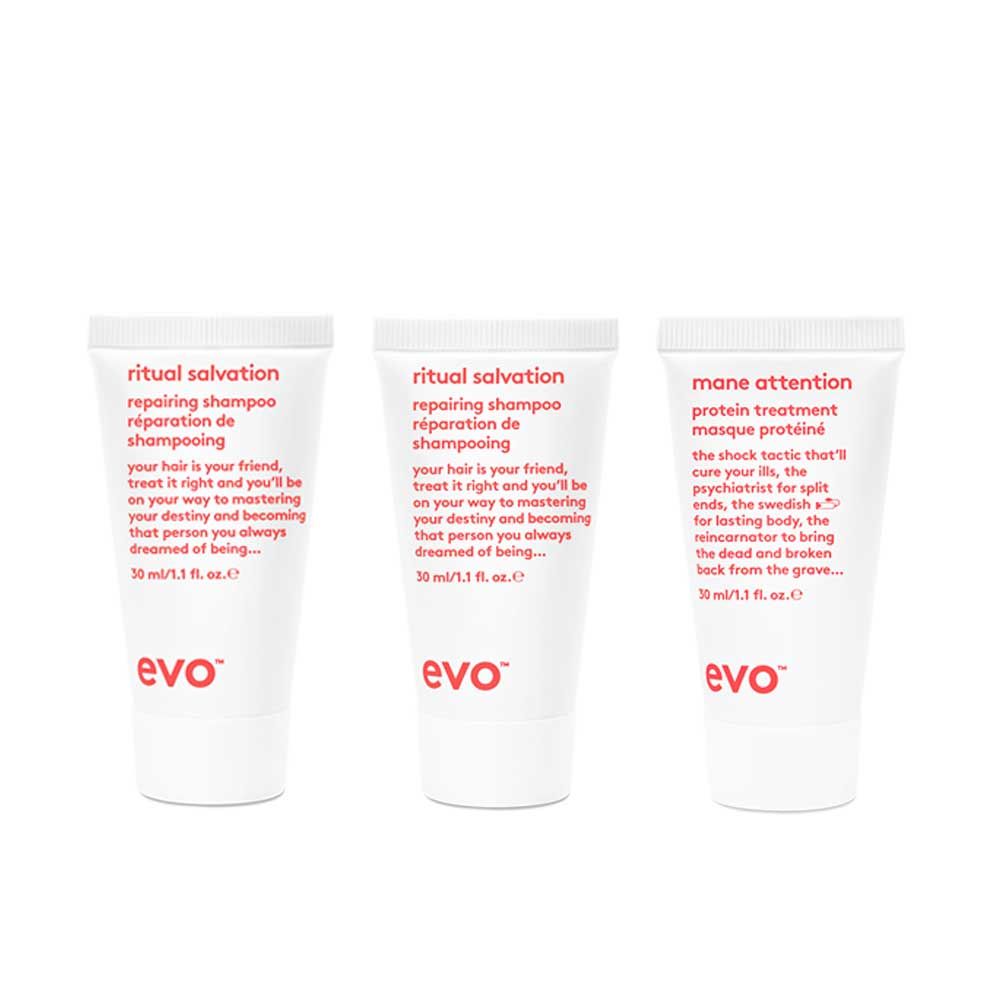 Gift great hair this Christmas with EVO Bon Bon - Repair. Perfect for damaged, colour-treated hair, featuring Ritual Salvation Shampoo, Conditioner, and Mane Attention Treatment. Available at The DO Salon in St Kilda, Melbourne. Shop now! products