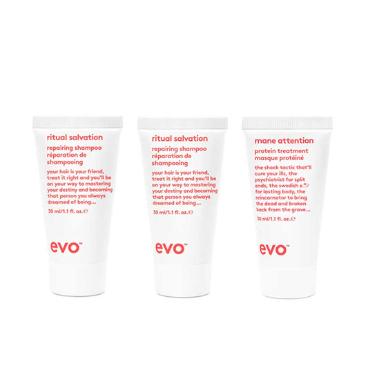 Gift great hair this Christmas with EVO Bon Bon - Repair. Perfect for damaged, colour-treated hair, featuring Ritual Salvation Shampoo, Conditioner, and Mane Attention Treatment. Available at The DO Salon in St Kilda, Melbourne. Shop now! products