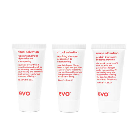 Gift great hair this Christmas with EVO Bon Bon - Repair. Perfect for damaged, colour-treated hair, featuring Ritual Salvation Shampoo, Conditioner, and Mane Attention Treatment. Available at The DO Salon in St Kilda, Melbourne. Shop now! products