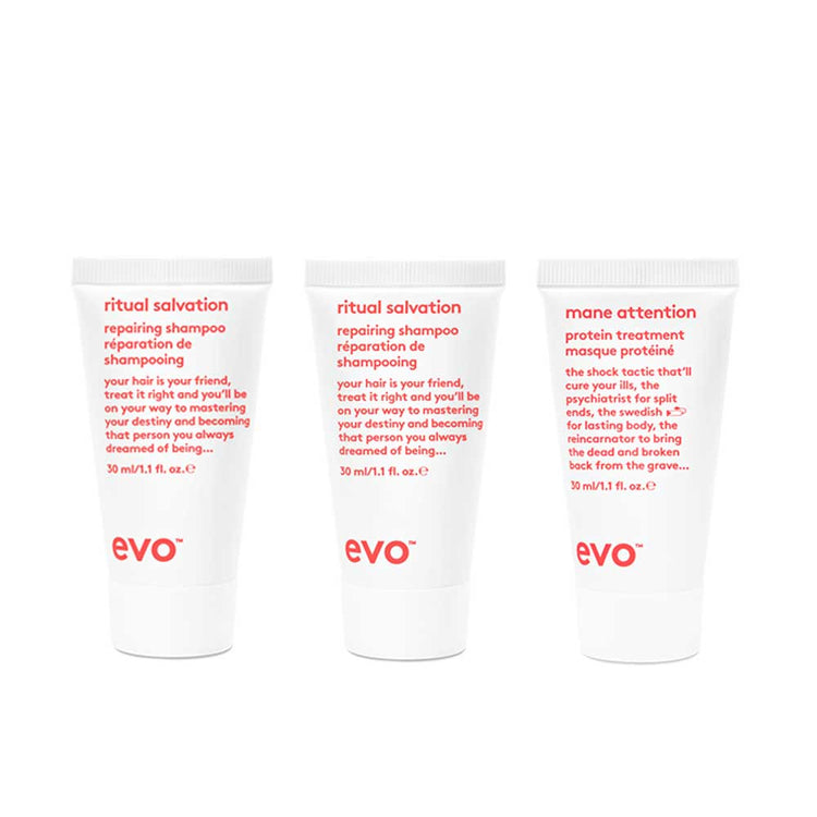 Gift great hair this Christmas with EVO Bon Bon - Repair. Perfect for damaged, colour-treated hair, featuring Ritual Salvation Shampoo, Conditioner, and Mane Attention Treatment. Available at The DO Salon in St Kilda, Melbourne. Shop now! products