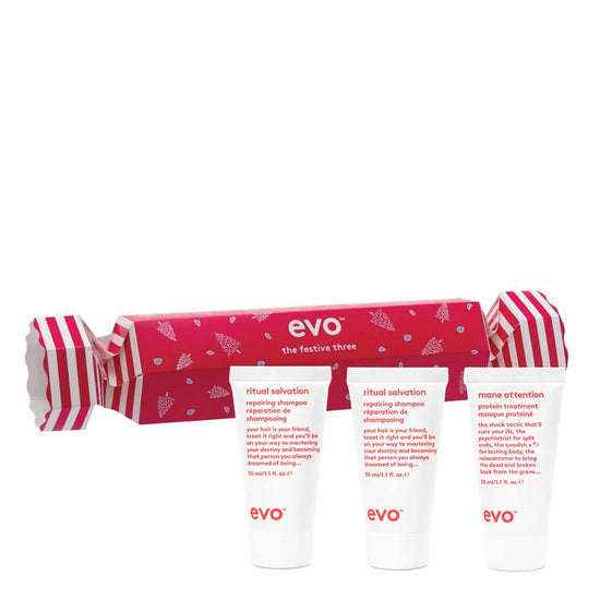 Gift great hair this Christmas with EVO Bon Bon - Repair. Perfect for damaged, colour-treated hair, featuring Ritual Salvation Shampoo, Conditioner, and Mane Attention Treatment. Available at The DO Salon in St Kilda, Melbourne. Shop now!