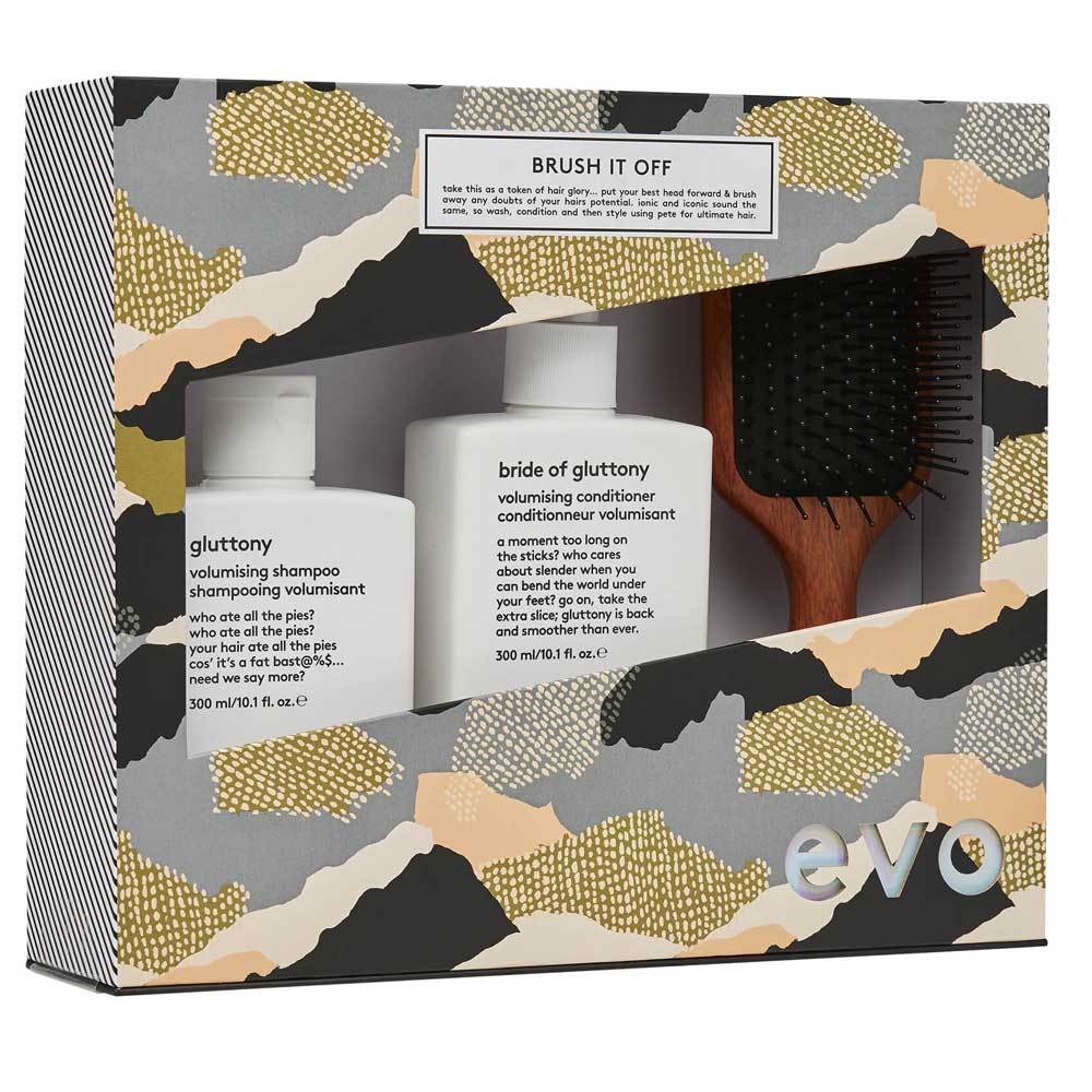 Boost volume and shine with EVO Brush It Off Gift Set. Includes Gluttony Shampoo, Bride of Gluttony Conditioner, and FREE Pete Ionic Paddle Brush ($55 value). Perfect for fine hair. Available at The DO Salon in St Kilda, Melbourne. Shop now! box
