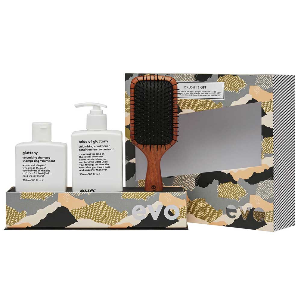 Boost volume and shine with EVO Brush It Off Gift Set. Includes Gluttony Shampoo, Bride of Gluttony Conditioner, and FREE Pete Ionic Paddle Brush ($55 value). Perfect for fine hair. Available at The DO Salon in St Kilda, Melbourne. Shop now! Free brush
