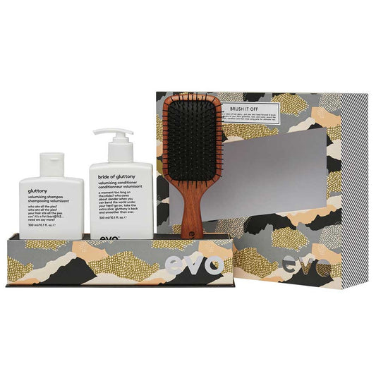 Boost volume and shine with EVO Brush It Off Gift Set. Includes Gluttony Shampoo, Bride of Gluttony Conditioner, and FREE Pete Ionic Paddle Brush ($55 value). Perfect for fine hair. Available at The DO Salon in St Kilda, Melbourne. Shop now! Free brush