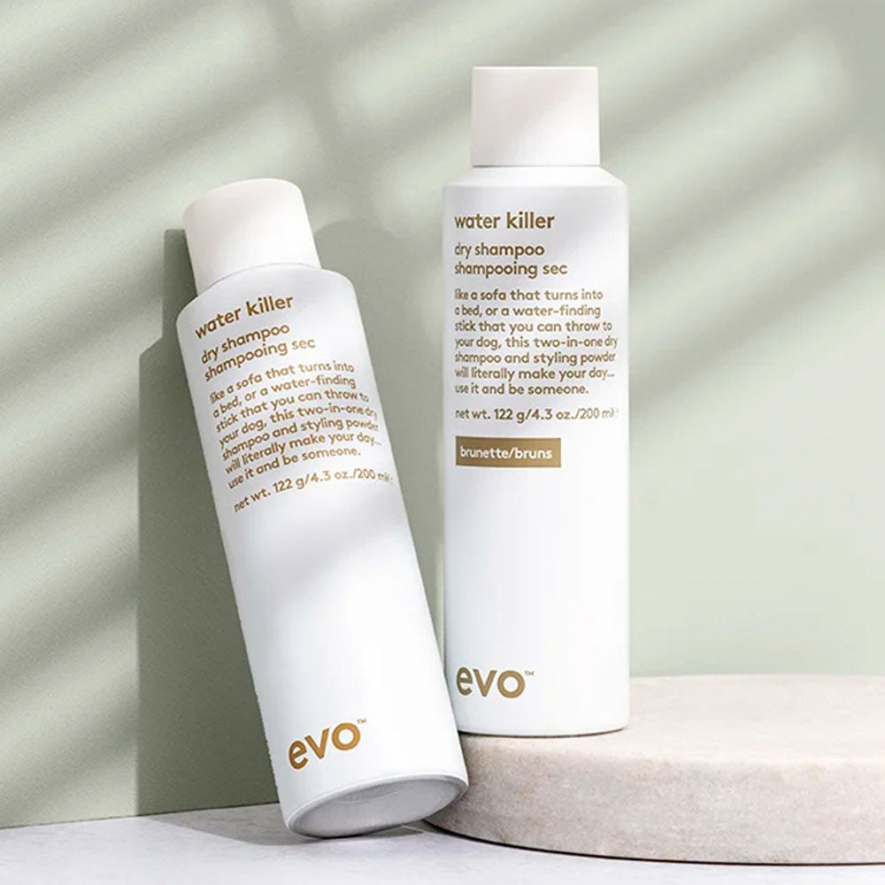 Enhance your dark, brunette tones with Evo Water Killer Dry Shampoo Brunette. This two-in-one formula absorbs excess oil, adds volume, and provides grey coverage. Enjoy fresh, revitalized hair without visible residue. Discover the secret to maintaining your luscious locks between washes. Shop now for a touch of luxury! Range