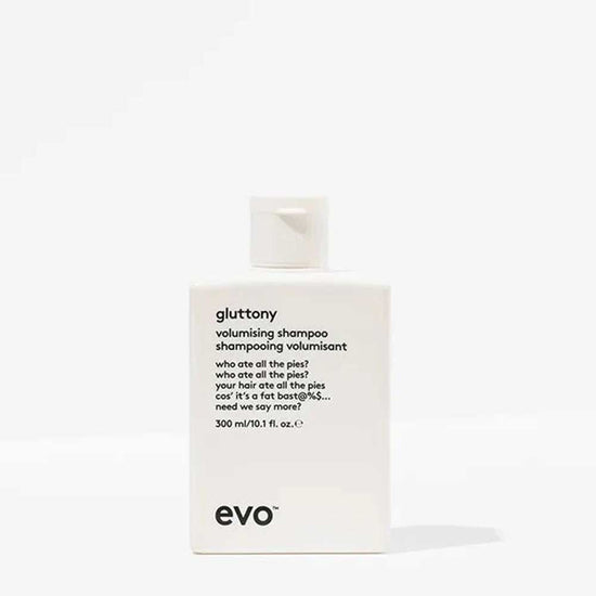 Evo Gluttony Volumising Shampoo 300ml – a lightweight, body-boosting shampoo for fine, flat hair. Gently cleanses, removes buildup, and enhances thickness & volume. Vegan & cruelty-free. Available online at The DO Salon. Shop now. 