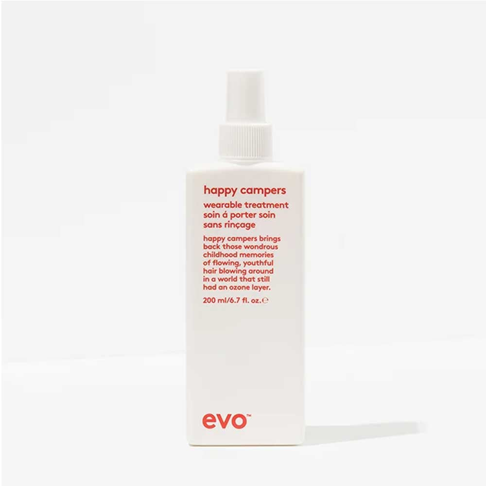 Apply Happy Campers Wearable Treatment to damp hair for all-day hydration and protection.
Smooth Head Mistress Cuticle Sealer through mid-lengths and ends to reduce frizz and add shine.
Use Liquid Rollers Curl Balm to enhance curl shape and protect against frizz, or style as desired. EVO