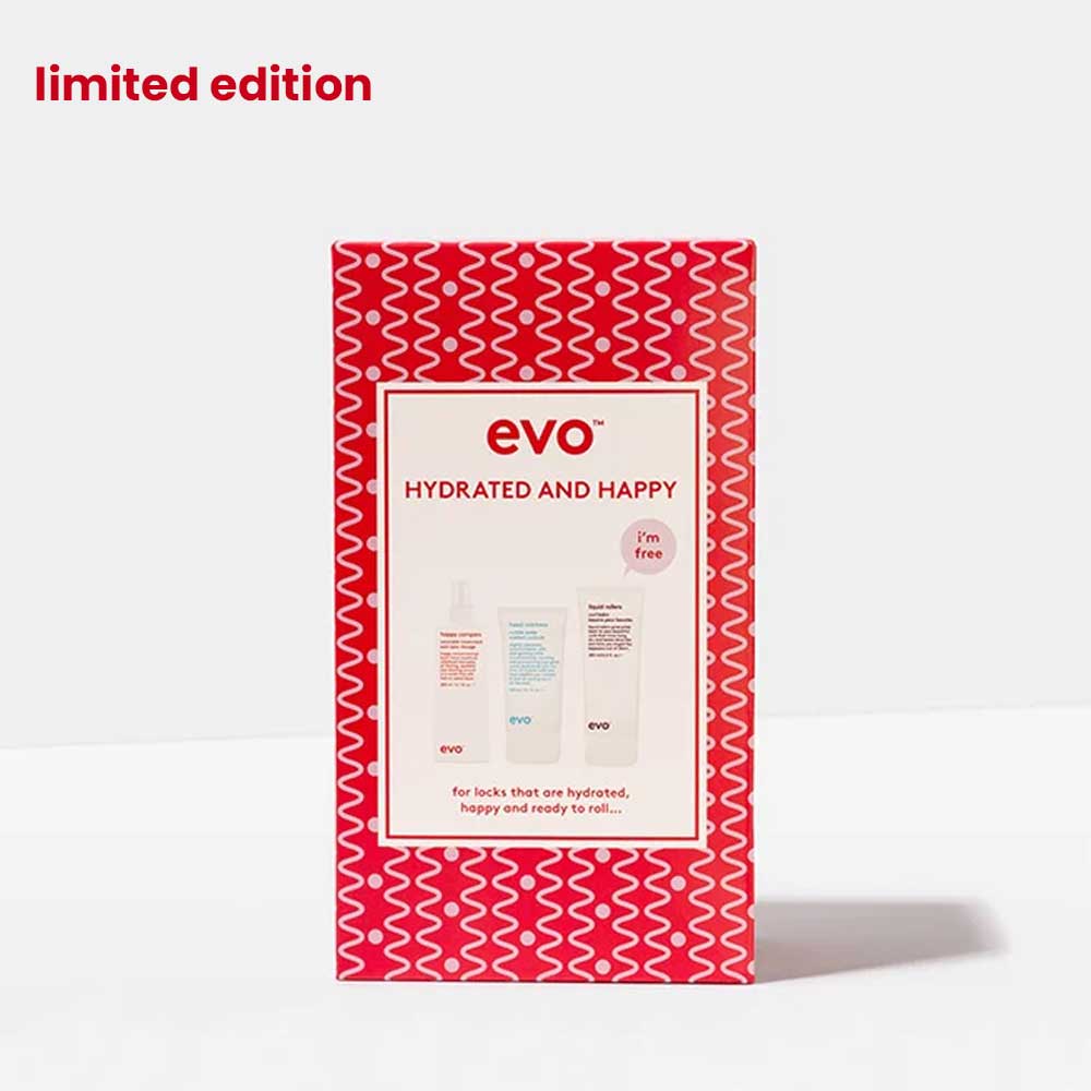 Hydrate and style your hair with EVO Hydrated and Happy Box Set. Includes Happy Campers Wearable Treatment, Head Mistress Cuticle Sealer & FREE Liquid Rollers Curl Balm. Available at The DO Salon in St Kilda, Melbourne. Shop now! Box