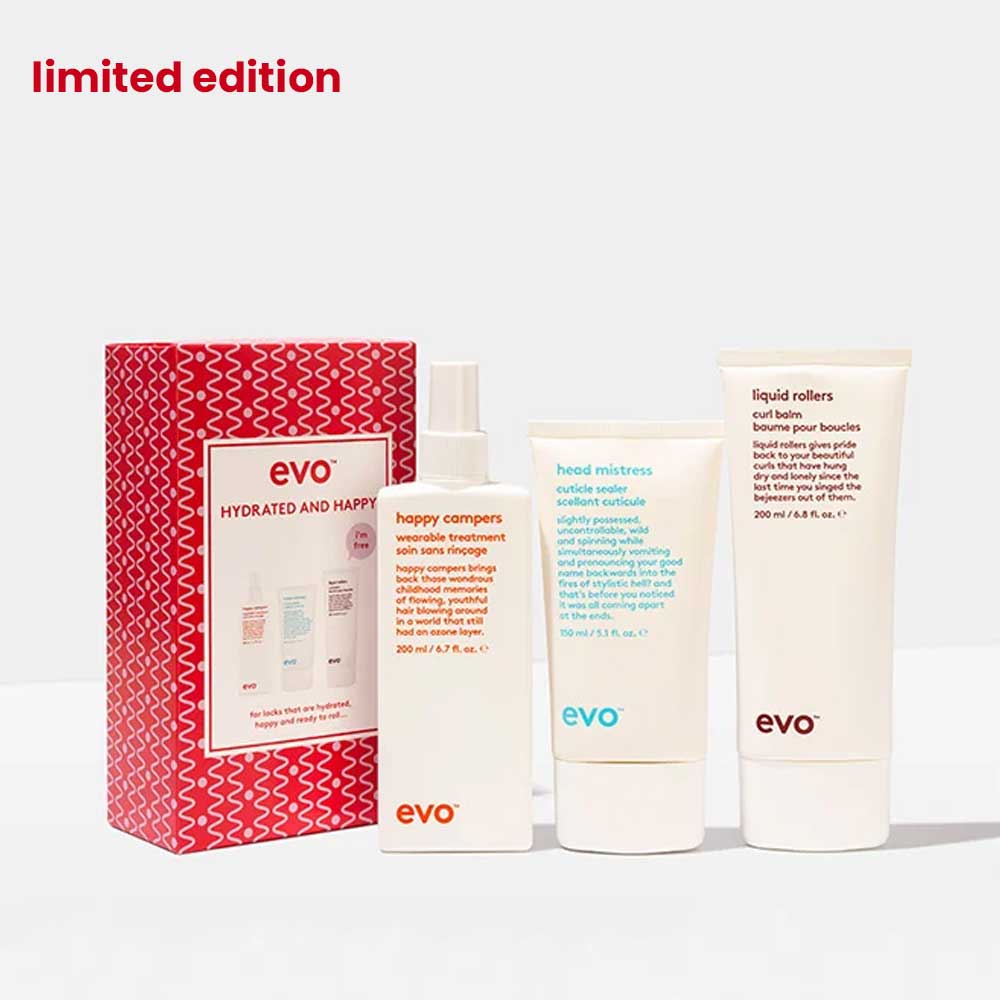 Hydrate and style your hair with EVO Hydrated and Happy Box Set. Includes Happy Campers Wearable Treatment, Head Mistress Cuticle Sealer & FREE Liquid Rollers Curl Balm. Available at The DO Salon in St Kilda, Melbourne. Shop now!