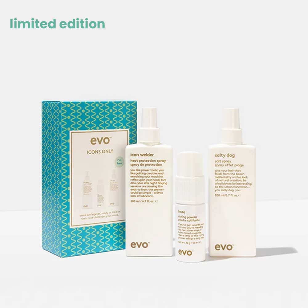 Style your hair like a pro with EVO Icons Only Box Set. Includes Icon Welder Heat Protection Spray, Haze Styling Powder & FREE Salty Dog Salt Spray. Perfect for textured, voluminous looks. Available at The DO Salon in St Kilda, Melbourne. Shop now!