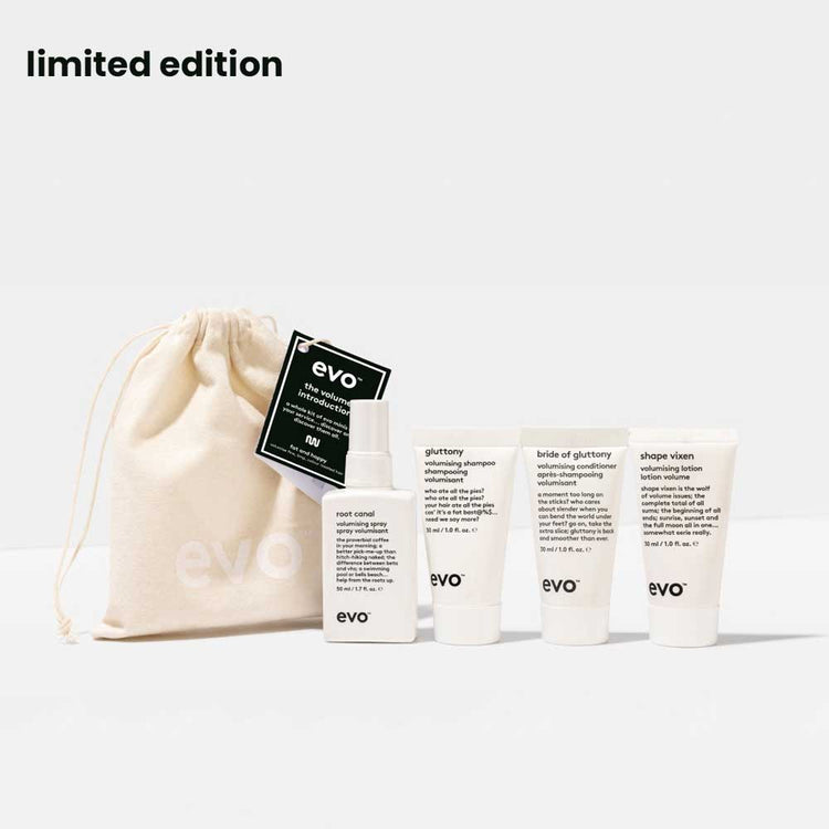 Boost fine hair with EVO Volume Introduction Bag. Includes Gluttony Shampoo, Bride of Gluttony Conditioner, Shape Vixen Lotion, and Root Canal Spray in travel sizes. Perfect for adding volume and body. Available at The DO Salon in St Kilda, Melbourne. Shop now!