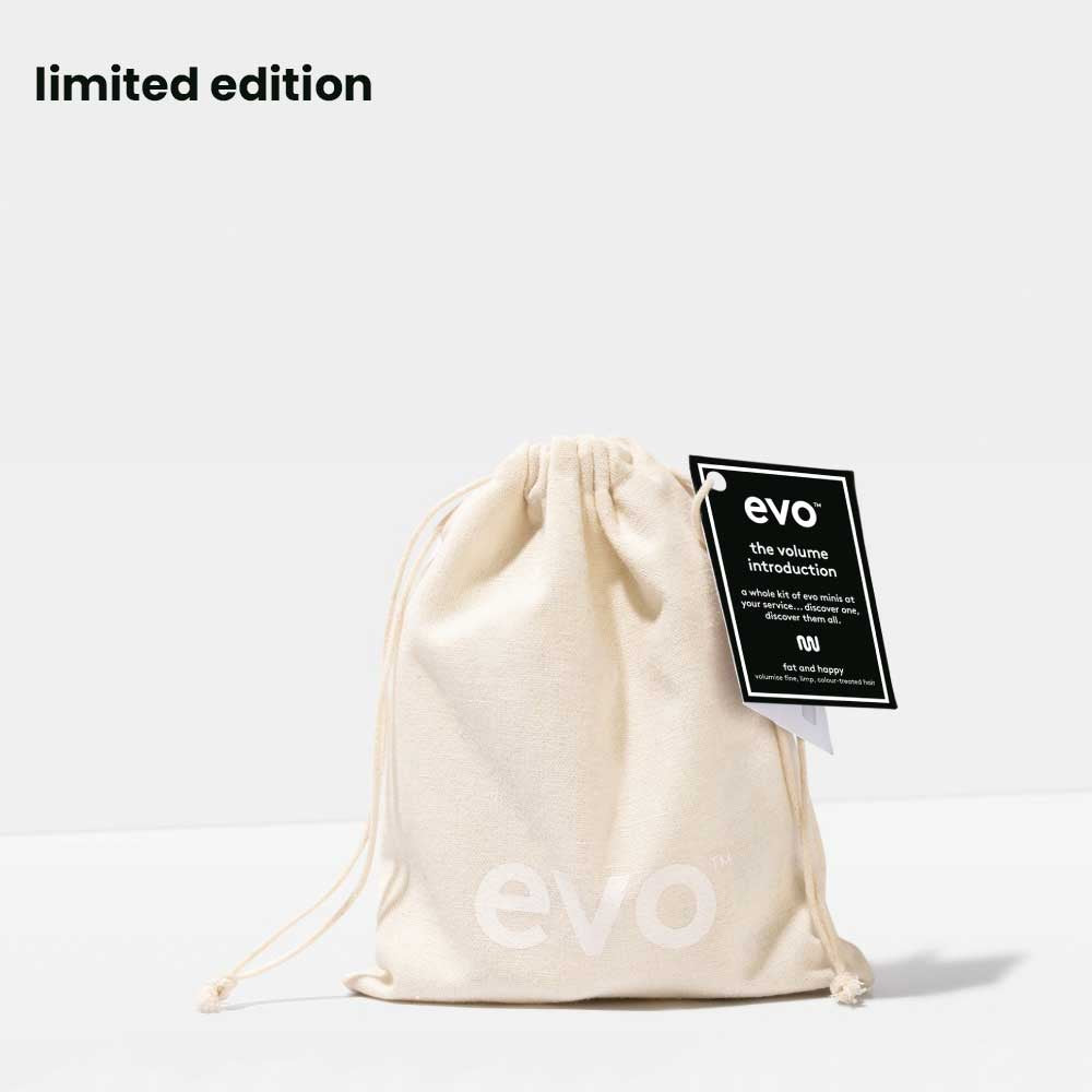 Boost fine hair with EVO Volume Introduction Bag. Includes Gluttony Shampoo, Bride of Gluttony Conditioner, Shape Vixen Lotion, and Root Canal Spray in travel sizes. Perfect for adding volume and body. Available at The DO Salon in St Kilda, Melbourne. Shop now! Bag