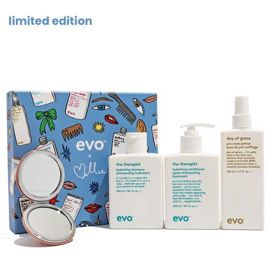 Hydrate and protect dry, colour-treated hair with EVO Mirror Mirror Hydrate Box Set. Includes The Therapist Shampoo, Conditioner, FREE Day of Grace Primer & compact mirror. Available at The DO Salon in St Kilda, Melbourne. Shop now!