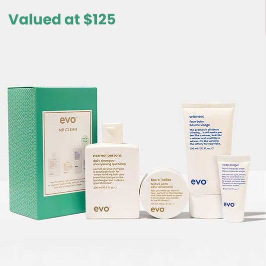 Upgrade his grooming game with the EVO Mr Clean Box Set for men. Includes Normal Persons Shampoo, Box O' Bollox Paste, and FREE Face Balm & Body Wash. Perfect gift for men. Available at The DO Salon in St Kilda, Melbourne. Shop now! 