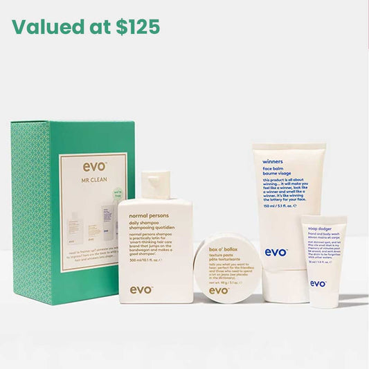 Upgrade his grooming game with the EVO Mr Clean Box Set for men. Includes Normal Persons Shampoo, Box O' Bollox Paste, and FREE Face Balm & Body Wash. Perfect gift for men. Available at The DO Salon in St Kilda, Melbourne. Shop now!