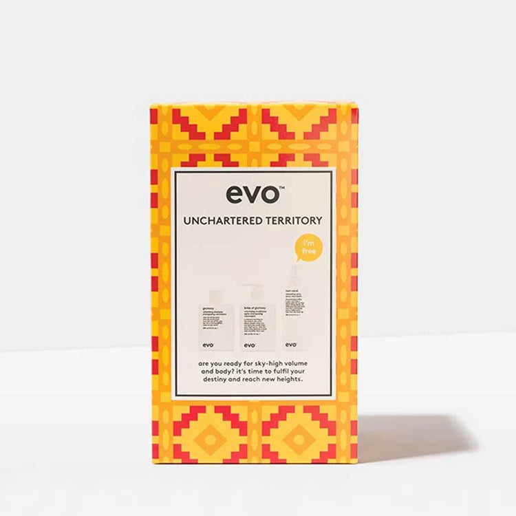 Boost fine, limp hair with the EVO Unchartered Territory Box Set. Includes Gluttony Shampoo, Bride of Gluttony Conditioner, and FREE Root Canal Volumising Spray. Perfect for colour-treated hair. Available at The DO Salon in St Kilda, Melbourne. Shop now! box
