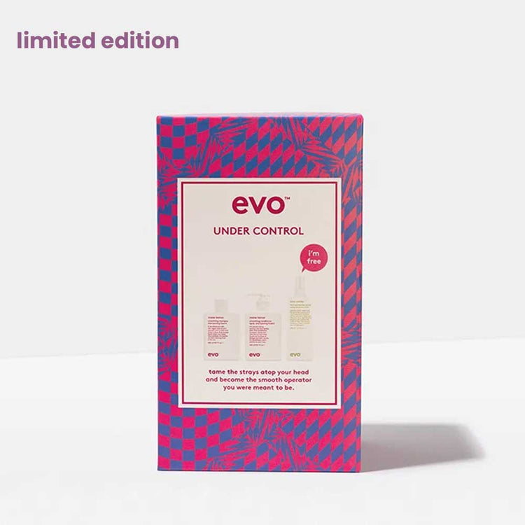 Tame frizz and protect your hair with EVO Under Control Box Set. Includes Mane Tamer Shampoo & Conditioner plus FREE Icon Welder Heat Protection Spray. Perfect for smooth, sleek styles. Available at The DO Salon in St Kilda, Melbourne. Shop now! box