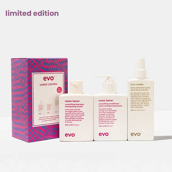 Tame frizz and protect your hair with EVO Under Control Box Set. Includes Mane Tamer Shampoo & Conditioner plus FREE Icon Welder Heat Protection Spray. Perfect for smooth, sleek styles. Available at The DO Salon in St Kilda, Melbourne. Shop now!