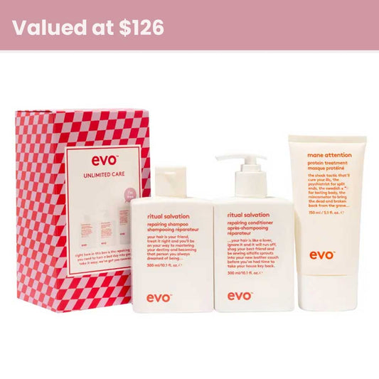 Repair and strengthen damaged hair with the EVO Unlimited Care Box Set. Includes Ritual Salvation Shampoo & Conditioner plus FREE Mane Attention Protein Treatment. Valued at $126 for just $82. Available at The DO Salon in St Kilda, Melbourne. Shop now!