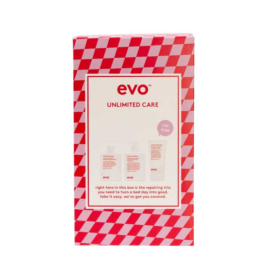 Repair and strengthen damaged hair with the EVO Unlimited Care Box Set. Includes Ritual Salvation Shampoo & Conditioner plus FREE Mane Attention Protein Treatment. Valued at $126 for just $82. Available at The DO Salon in St Kilda, Melbourne. Shop now! box