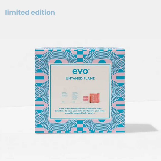 Hydrate and strengthen hair with EVO Untamed Flame Hydrate Box Set. Includes The Therapist Shampoo & Conditioner plus a Limited Edition EVO Candle. Perfect for dry hair and relaxation. Available at The DO Salon in St Kilda, Melbourne. Shop now! Box