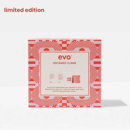 Repair damaged hair with EVO Untamed Flame Repair Box Set. Includes Ritual Salvation Shampoo & Conditioner plus a Limited Edition EVO Candle. Perfect for restoring strength and shine. Available at The DO Salon in St Kilda, Melbourne. Shop now! box