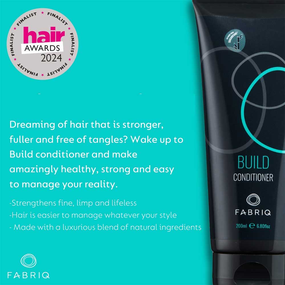 Shop Fabriq Build Conditioner 200ml at The DO Salon. Strengthen and volumise your hair with this nourishing conditioner. Perfect for all hair types, it repairs damage and boosts body and shine. Buy now for healthier, fuller hair! Finalist 2024 hair awards