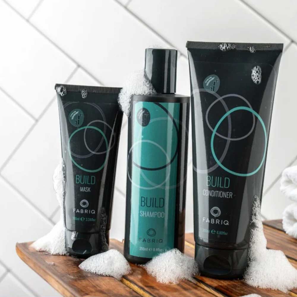 Fabriq Build Collection: Shampoo, Conditioner, and Mask for ultimate hair strength and hydration. Ideal for fragile or chemically treated hair. Shop now at The DO Salon in St Kilda.