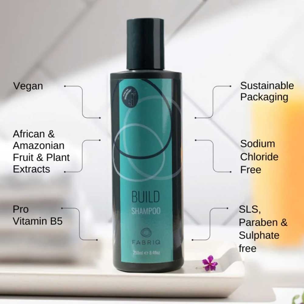 Fabriq Build Shampoo ingredients: enriched with proteins and natural extracts to nourish, strengthen, and protect fragile or chemically treated hair. Explore more at The DO Salon. Vegan, sustainable packaging, Paraben and sulphatefree