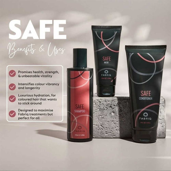 Showcasing the Fabriq Safe range: shampoo, conditioner, and treatment. Gentle care infused with Jojoba, Rice Bran, and Babassu Oils for hydration, strength, and sensitive scalp protection. Available at The DO Salon, St Kilda. 