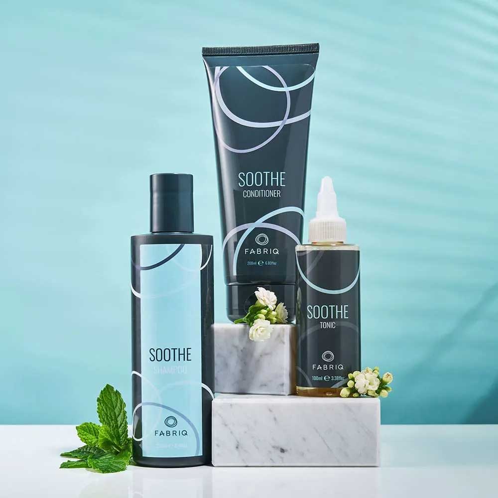 Discover the Fabriq Soothe range: shampoo, conditioner, and tonic. Designed to calm, hydrate, and balance the scalp while promoting healthy, nourished hair. Available at The DO Salon, St Kilda.