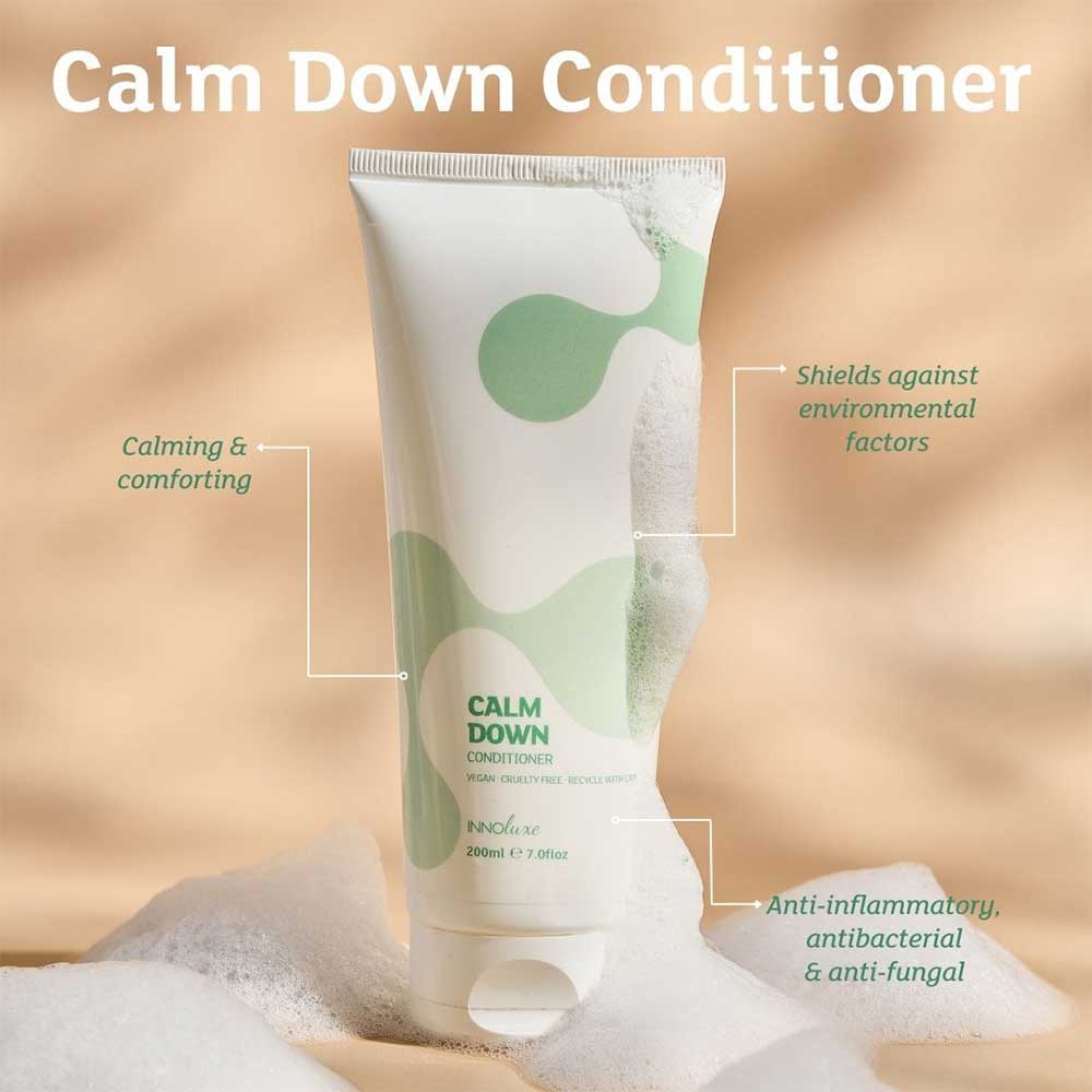 Relieve dandruff, soothe itchy scalps, and hydrate sensitive skin with INNOluxe Calm Down Conditioner 200ml or 500ml. Available at The DO Salon, St Kilda, Melbourne. Nourishes and strengthens hair for a refreshed scalp and silky hair. Buy online or in-salon now! Benefits of Calm Down Conditioner