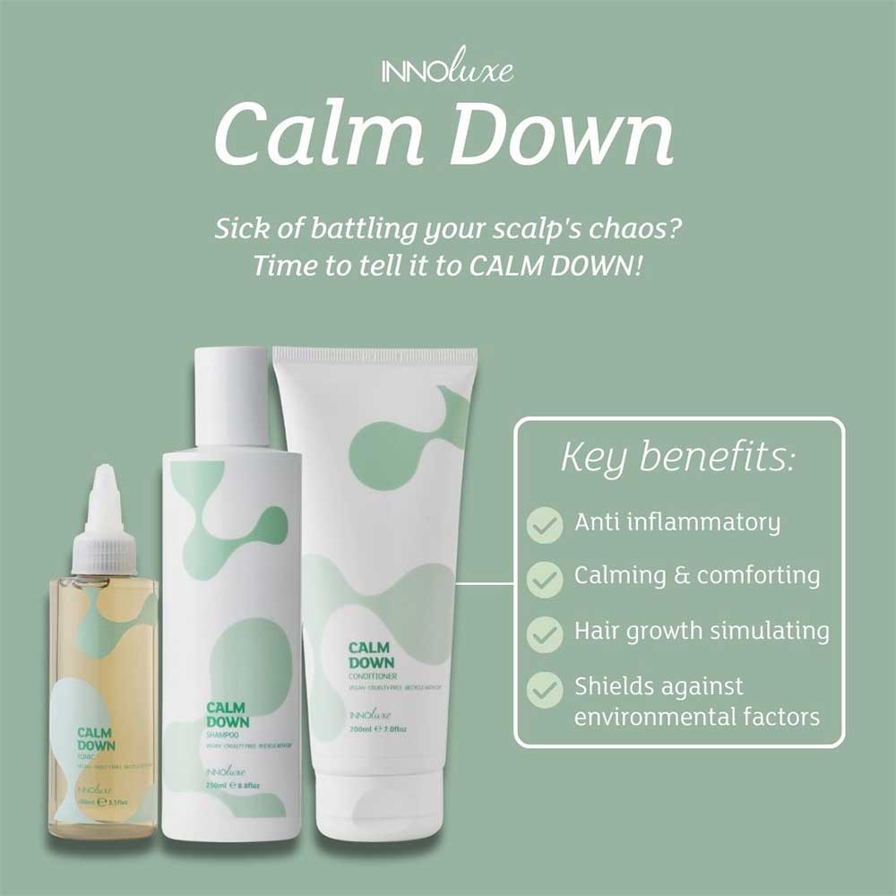 INNOluxe Calm Down range: shampoo, conditioner, and tonic for dandruff, dry, itchy, and sensitive scalps, offering soothing hydration and scalp care available at The DO Salon - Melbourne Australia - online or in-salon. 